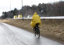 подобное притягивает подобное. желтый / фото велосипедистки в дождевике, следующей за двумя желтыми бусами