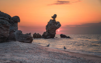 Закат и чайки... / Крым, Караларский природный парк, побережье Азовского моря. Одна из бухт Генеральских пляжей и скала Петух.