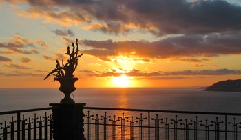 &nbsp; / sunset over the sea seen from a terrace with silhouette of a succulent plant in pot