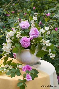 Жасмин и розы / Букет из жасмина и роз на круглом столике на природе