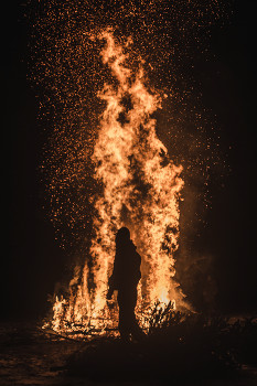 &nbsp; / a guy burning ton of christmas trees.