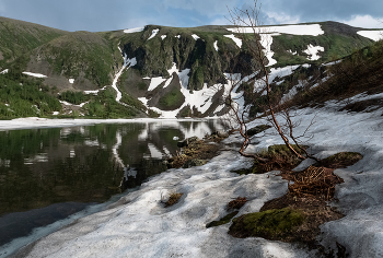 Снежное лето. / В июне на берегах озера еще лежит снег.