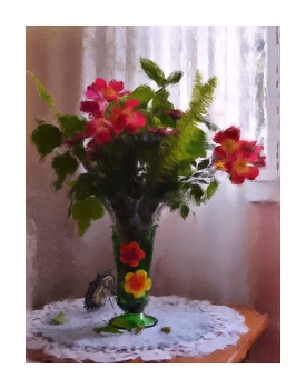 flowerpot / vase of flowers in front of a window with painted effect
