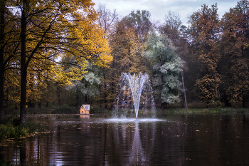 Осенний пруд / Пруд в парке с фонтаном осенью