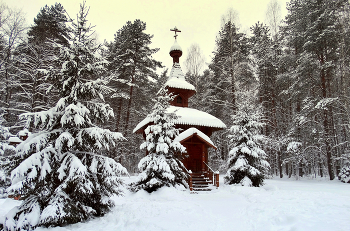 Часовня в зимнем заснеженном лесу / С Рождеством Христовым!