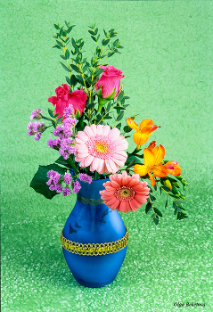 Букет в синей вазе / букет из гербер, фрезий и роз