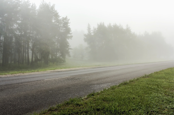 Туман и дорога.. / Когда был сильный туман утром. В июне утренний туман. дорога вправо уходящая в туман.. Пространственная композиция. За дорогой лес в тумане. Дорога в сильном тумане. Утром туманным..