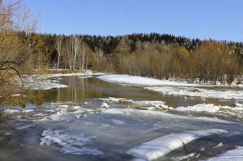 В тайгу пришла весна / Таежная река Абашевка освобождается от льда