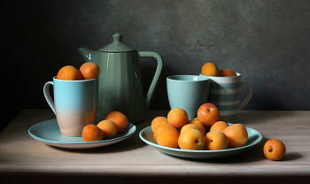 Абрикосы / натюрморт с абрикосам и голубой посудой