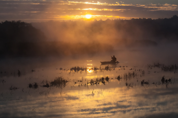К солнцу / Утренняя рыбалка на расвете, в момент когда над рекой подымается туман.
