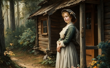 Девушка в лесу / картина, изображающая девушку ,стоящую возле лесной избушки