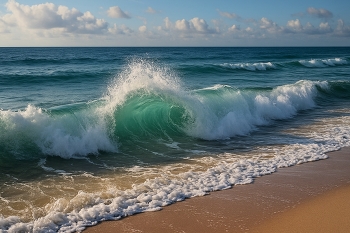 &nbsp; / A high-resolution, photorealistic capture of a turquoise wave curling toward a sandy shore under a clear blue sky. Sunlight filters through the translucent crest, highlighting the foam’s intricate detail and the gentle gradient of the shallow waters.