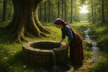 &nbsp; / A photorealistic daytime forest scene with a young woman in rustic attire leaning over a mossy stone well beside an ancient tree, as a small stream and wildflowers surround her under golden sunlight.