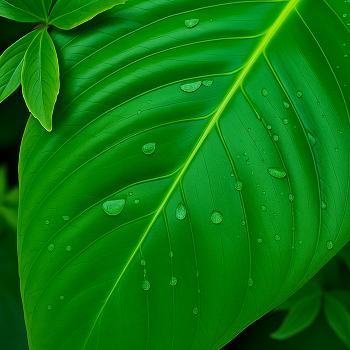 &nbsp; / A high-resolution macro photograph of a vibrant tropical green leaf, detailed with delicate water droplets glistening on its smooth surface, showcasing the beauty of nature’s patterns and textures.