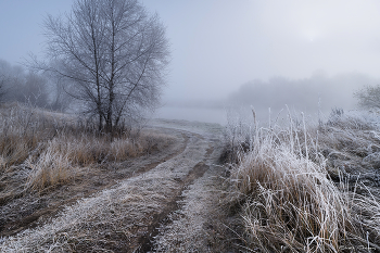Дорога у воды / Туман. На рассвете первый мороз раскрасил всё инием...