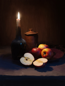 под свечой / яблоки Здесь задачей было сделать настоящий свет от свечки.