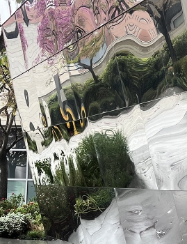 &nbsp; / Reflection of the garden in a polished metal wall