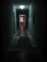 Достопримечательности коридора / Достопримечательности коридора: минимум освещения, окно на кирпичную стену и холсты.