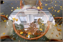 Осень в кафе. / Осенний день на ул. Дерибасовская. Осенние листья падая, укрывают улицу, стеклянные столики, стулья желтым осенним цветом...