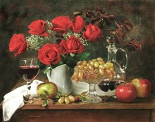 Цветы и фрукты / Букет роз на столе с фруктами - яблоками и виноградом