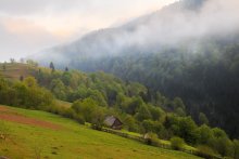 Туманно-облачный рассвет / Сельский пейзаж с маленькой фермой в Карпатских горах весенним облачно-туманным утром