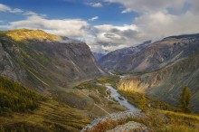 Долина реки Чулышман / Горный Алтай. Вид на долину реки Чулышман с перевала Кату-Ярык. Сентябрь, утро.