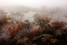 Осенний макияж Gipanisa. / Вид на реку Южный Буг, когда иней совмещается с туманом.