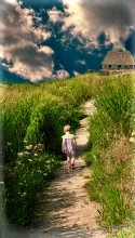 Long road to home / Photo pictures in the style of Vintage Grunge. Dark clouds in the dark blue sky, a narrow path among the tall grass, the path goes to his house a little girl.
16.600 x 9.500 x 1 inches