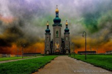 Church against the dark clouds / Church in dark clouds, collage