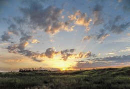 Последние лучи ласкают облака... / Лучи уходящего солнца подсвечивают рваные клочья облаков.