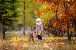 Осень / девочка с собачкой на прогулке