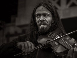 Уличный музыкант / скрипач подрабатывает игрой на улице