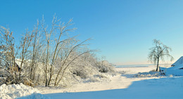 зима в деревне / солнечный день, снег кругом, на деревьях иней
