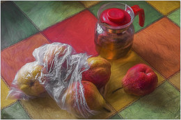 Натюриорт с фруктами / натюрморт с фруктами на кухонном столе