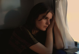 в думках / она сидела у окошка в вагоне поезда в думках. мне понравился, как лег свет, и я втихаря ее сфотографировала.