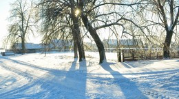 снежная зима / солнечно, холодно, деревня, красивый вид