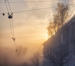 Утро и провода / Деревня Лесное, зима, холодный восход