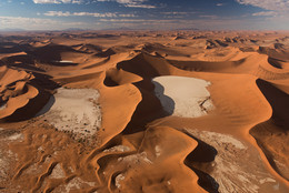 Великие дюны Намиба / Дюны пустыни Намиб одни из самых высоких на планете. Те, что вы видите, достигают 180 м. Справа видна знаменитая Долина Смерти (Дедвлей). Снимок сделан с высоты ок. 1000 м. Национальный Парк Соссусвлей, Намибия