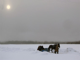 Снега России / Зимний пейзаж заснеженного поля с одинокой конной повозкой.