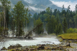 Утро / Алтай, река Аккем. Раннее утро и туман над белой водой реки