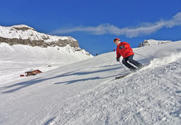 Движение - это жизнь / Пожилой (80 лет) любитель горнолыжного отдыха радуется жизни на склонах Савойских Альп.