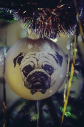 Символ года 2018 / 2017, 2018, dog, garland, holiday, new, pug, toy, tree, vacation, year, гирлянда, год, елка, игрушка, каникулы, мопс, новый, праздник, собака