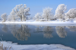 Синий синий иней . . . / Река еще не скована льдом,но мороз украсил деревья инеем.