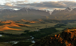 Все цвета заката / Курайская степь, Северо-Чуйский хребет, панорама из 4 кадров