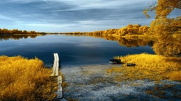 Осенний пляж. Инфракрасная фотография. / Начало сентября на лесном озере. Инфракрасная съемка.
