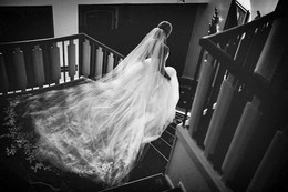 свадебное море / невеста в платье спускается по ступеням