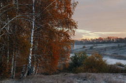 Осень / осень,березы,озеро,рассвет,туман,мороз