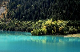 Пришла Царица Осень в горы .... / Блестит кристально озеро на солнце,
И в зеркале видны деревья, склоны.
Как в тайный мир распахнуто оконце,
Блуждают эхо, тени, шорохи и стоны.
/Галина Жолонковская (Белая Волчица)

Источник: https://www.chitalnya.ru/work/1551961/