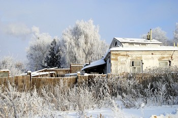 Иней украсил все (что мог) / Иней украсил деревья и прикрыл частично разрушенное строение