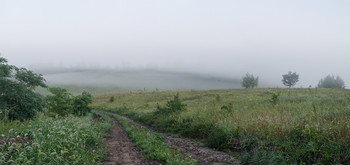 &quot;По туманной дороге&quot; / Прошлогодняя фотография.Из серии&quot;Июльские туманы&quot;.Панорама из 2х горизонтальных кадров.